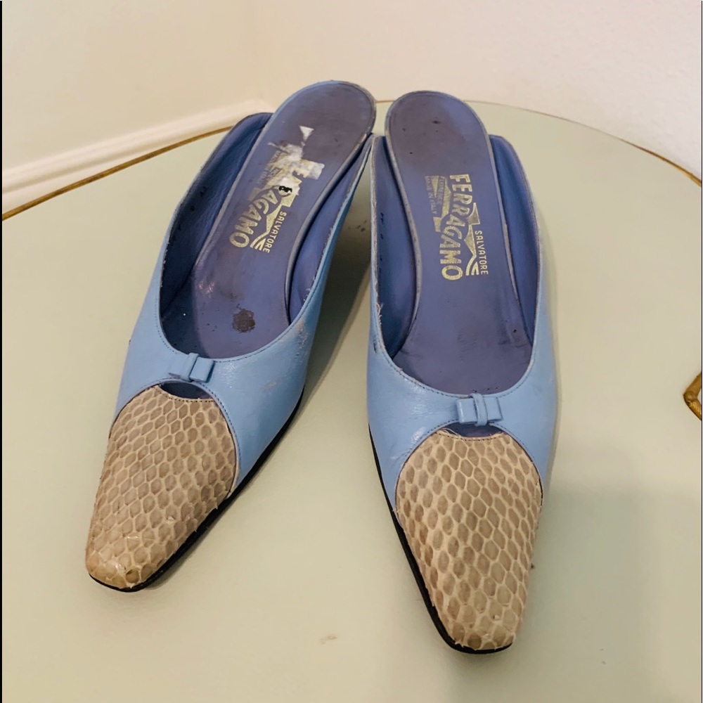 Ferragamo Snakeskin Leather Mules Heels Slides 9